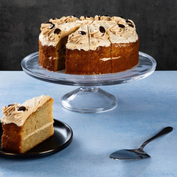 Chocolate cake with chocolate frosting and chocolate shavings.