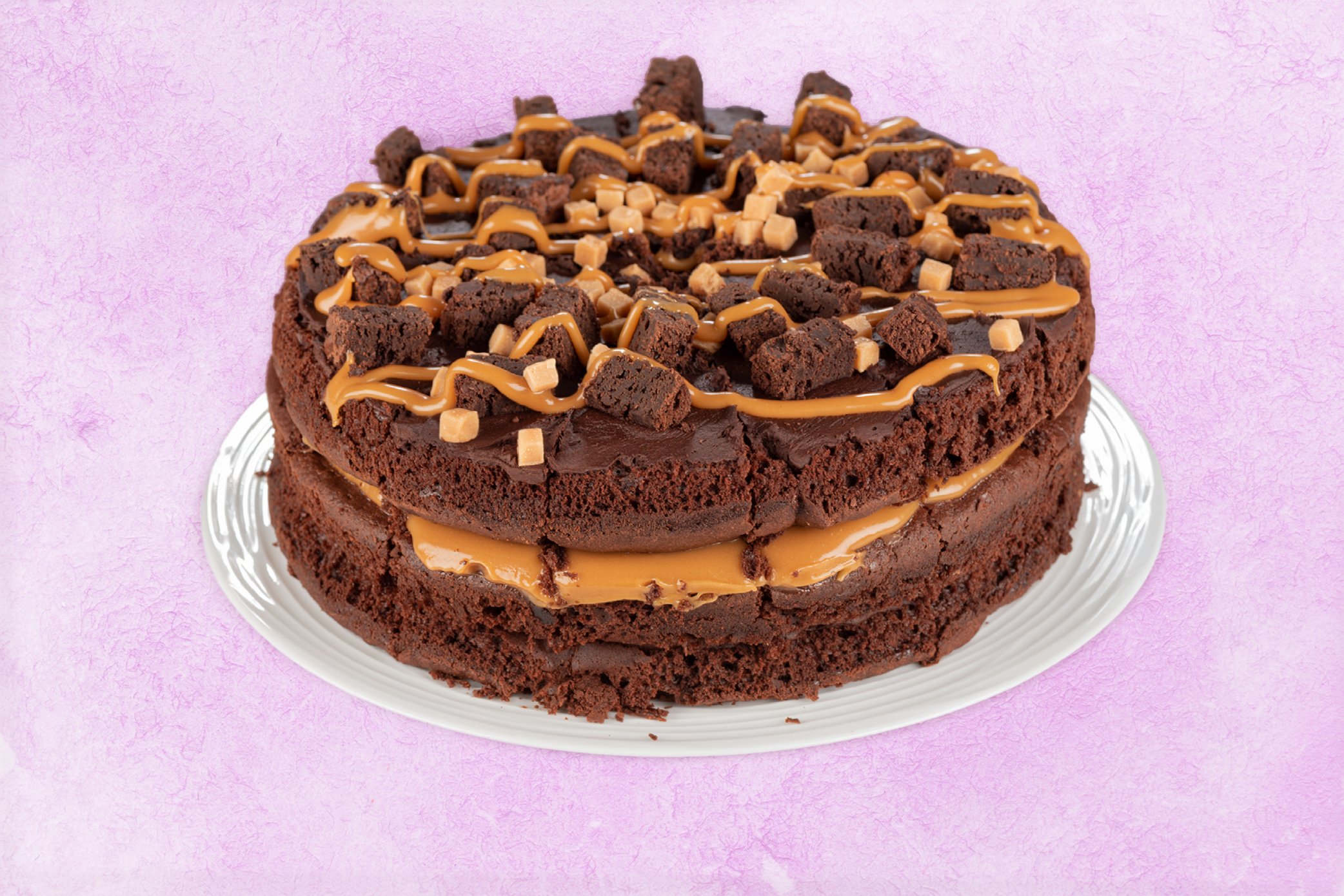 GF-Chocolate-and-caramel Double layer chocolate fudge cake with caramel drizzle and brownie chunks